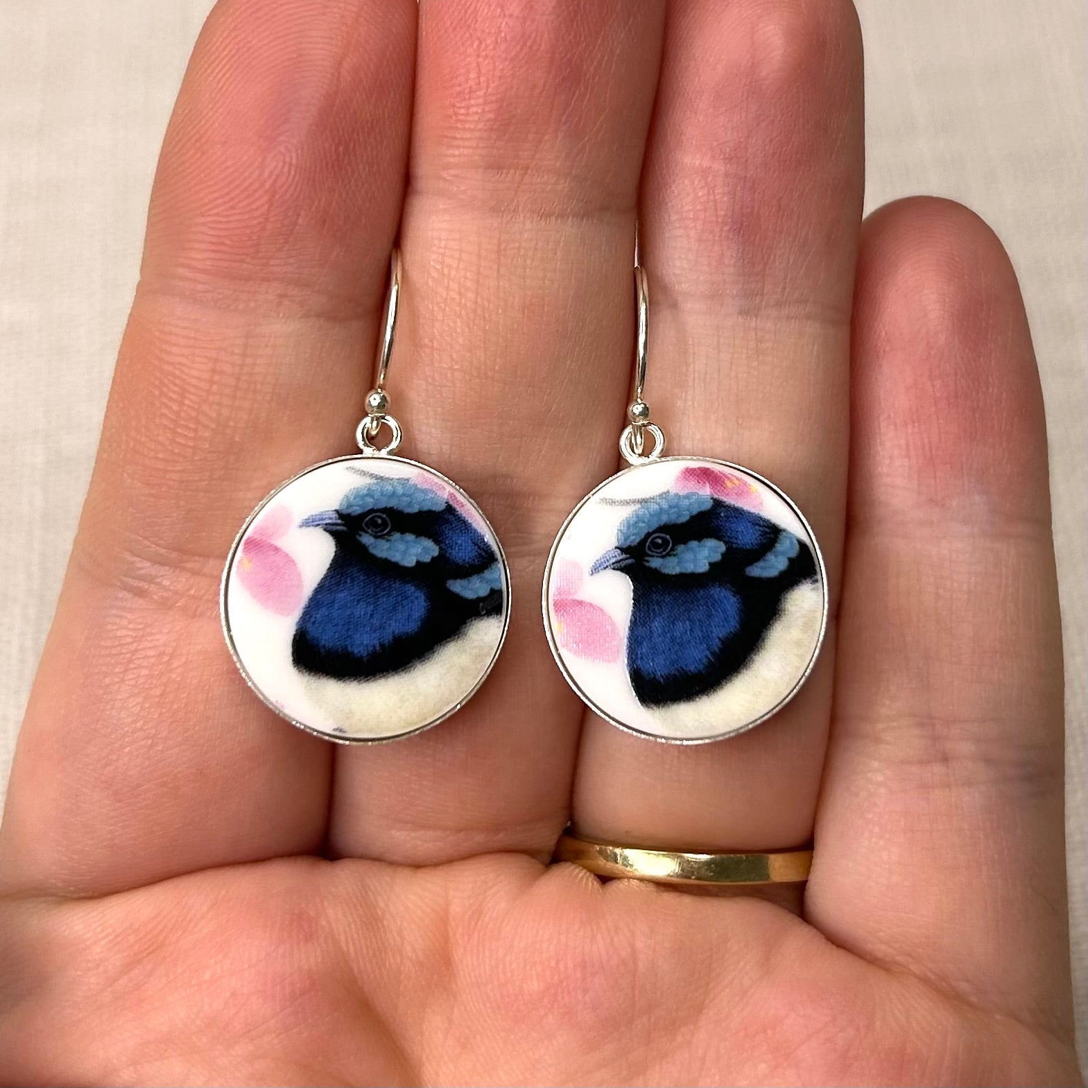 Sterling Silver Blue Fairy Wrens Dangly Earrings M