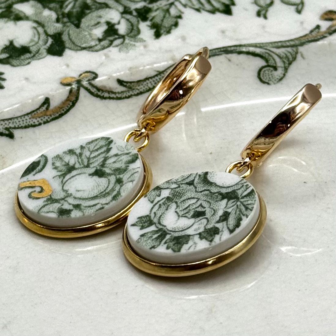 1891-1920 Ridgways Rose Broken Plate Huggies Earrings Yellow Goldtone