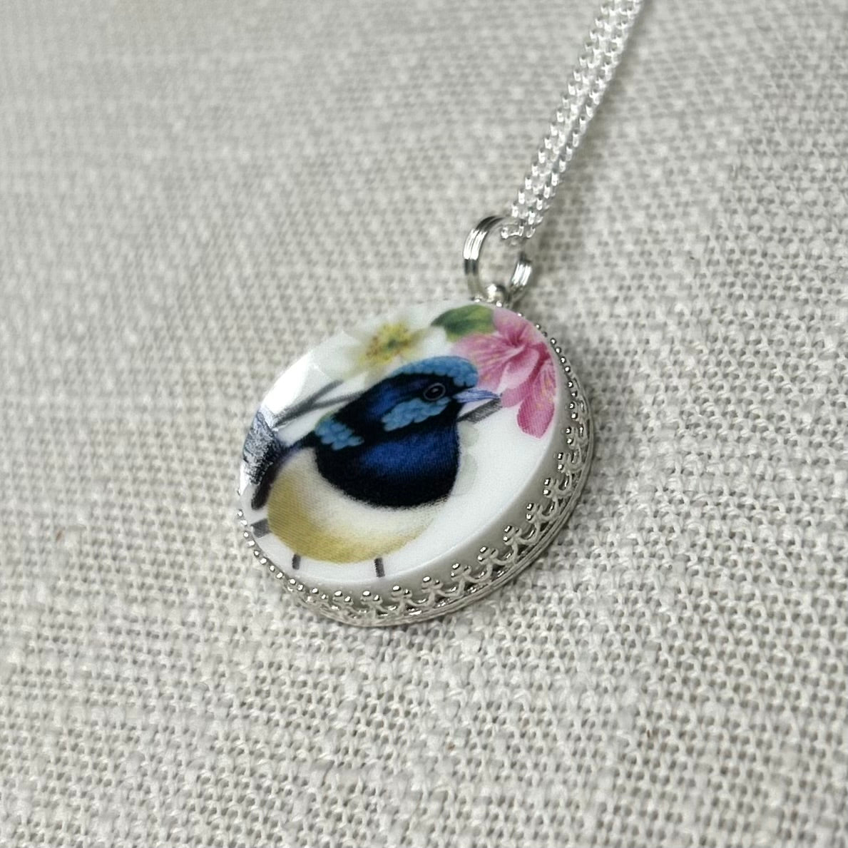 Sterling Silver Blue Fairy Wren Pendant Necklace