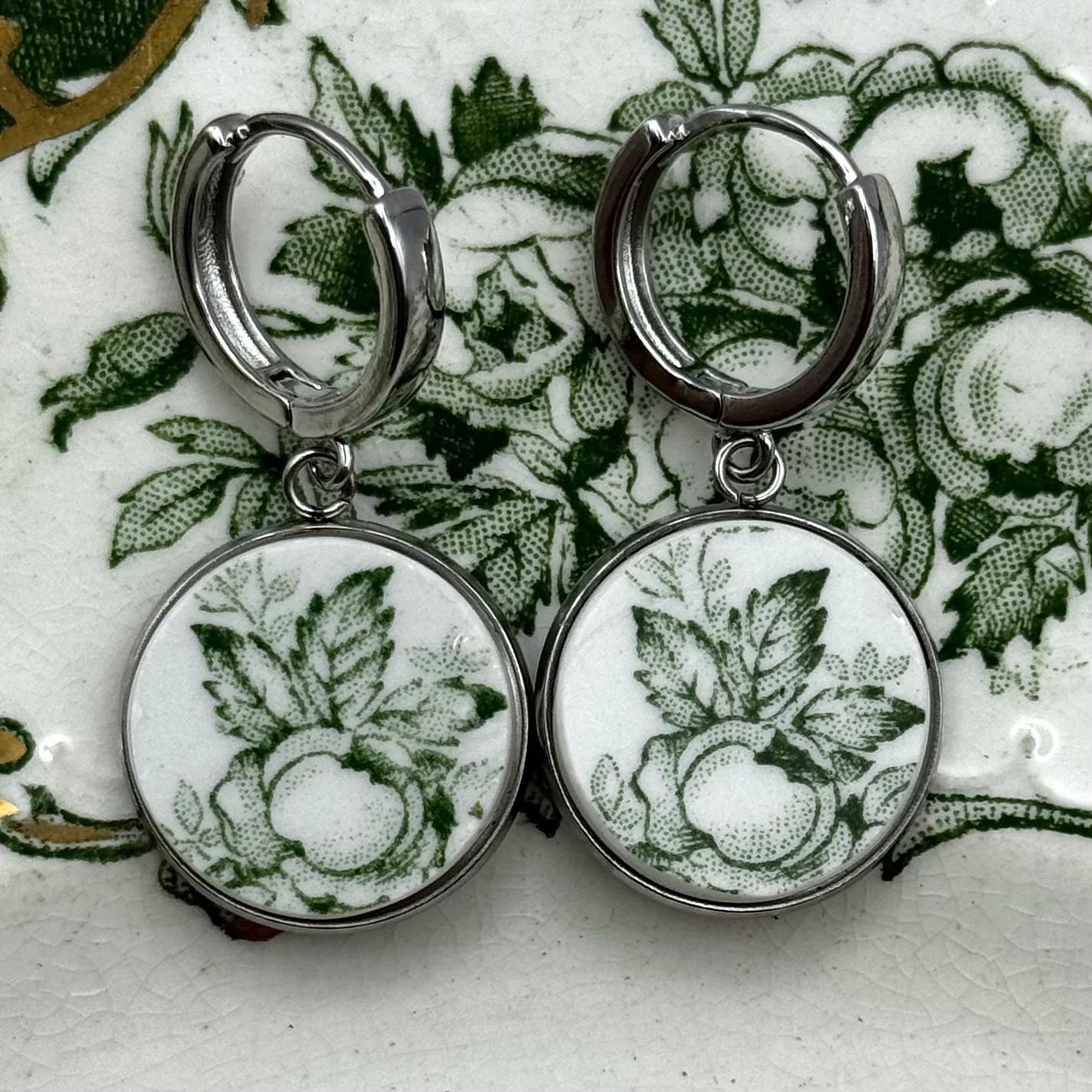 1891-1920 Ridgways Rose Reclaimed China Huggies Earrings Silver