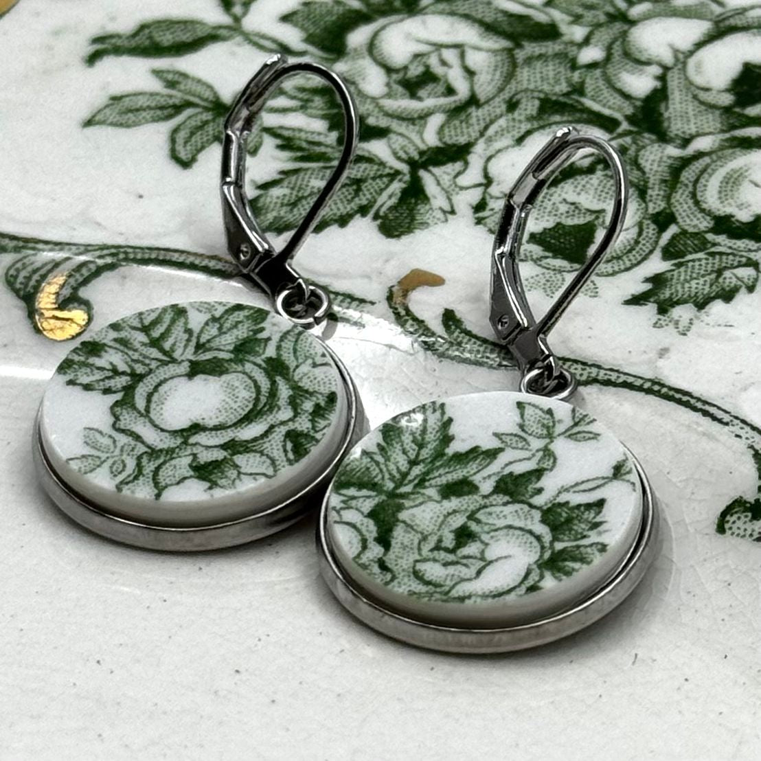1891-1920 Ridgways Rose Recycled China Leverback Earrings Silver