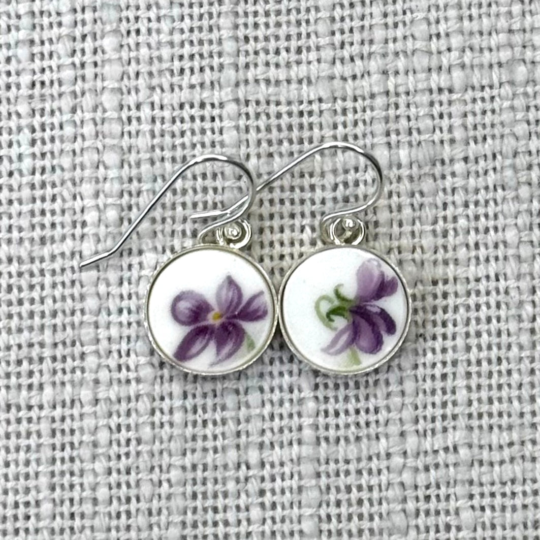 1966 Sterling Silver Royal Albert ‘Sweet Violets’ Dangly Earrings