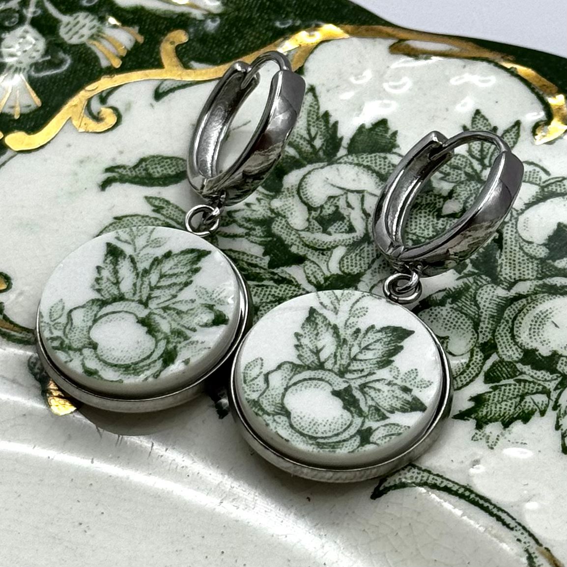 1891-1920 Ridgways Rose Reclaimed China Huggies Earrings Silver