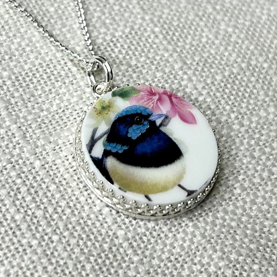 Sterling Silver Blue Fairy Wren Pendant Necklace