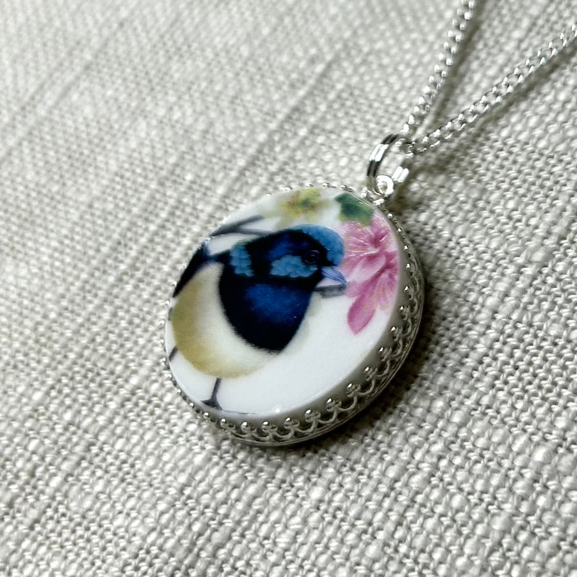 Sterling Silver Blue Fairy Wren Pendant Necklace