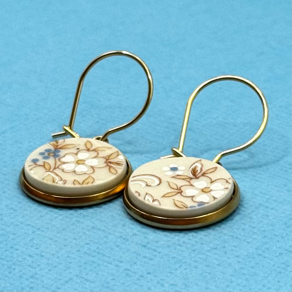 1990s Japanese China Broken Plate Leverback Earrings Yellow Gold