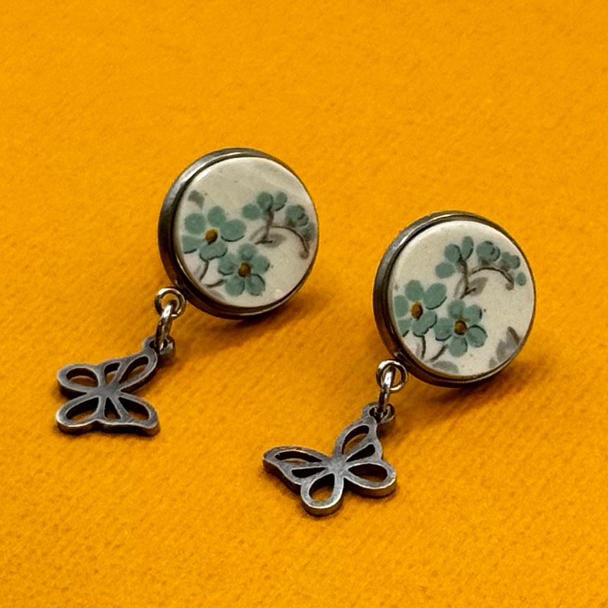 1940s Maddock and Sons Broken China Stud Earrings Silver