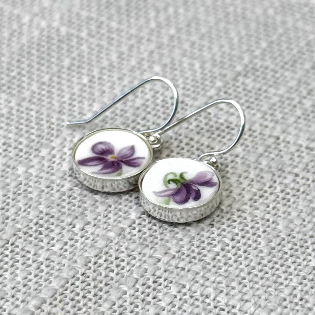 1966 Sterling Silver Royal Albert Sweet Violets Dangly Earrings