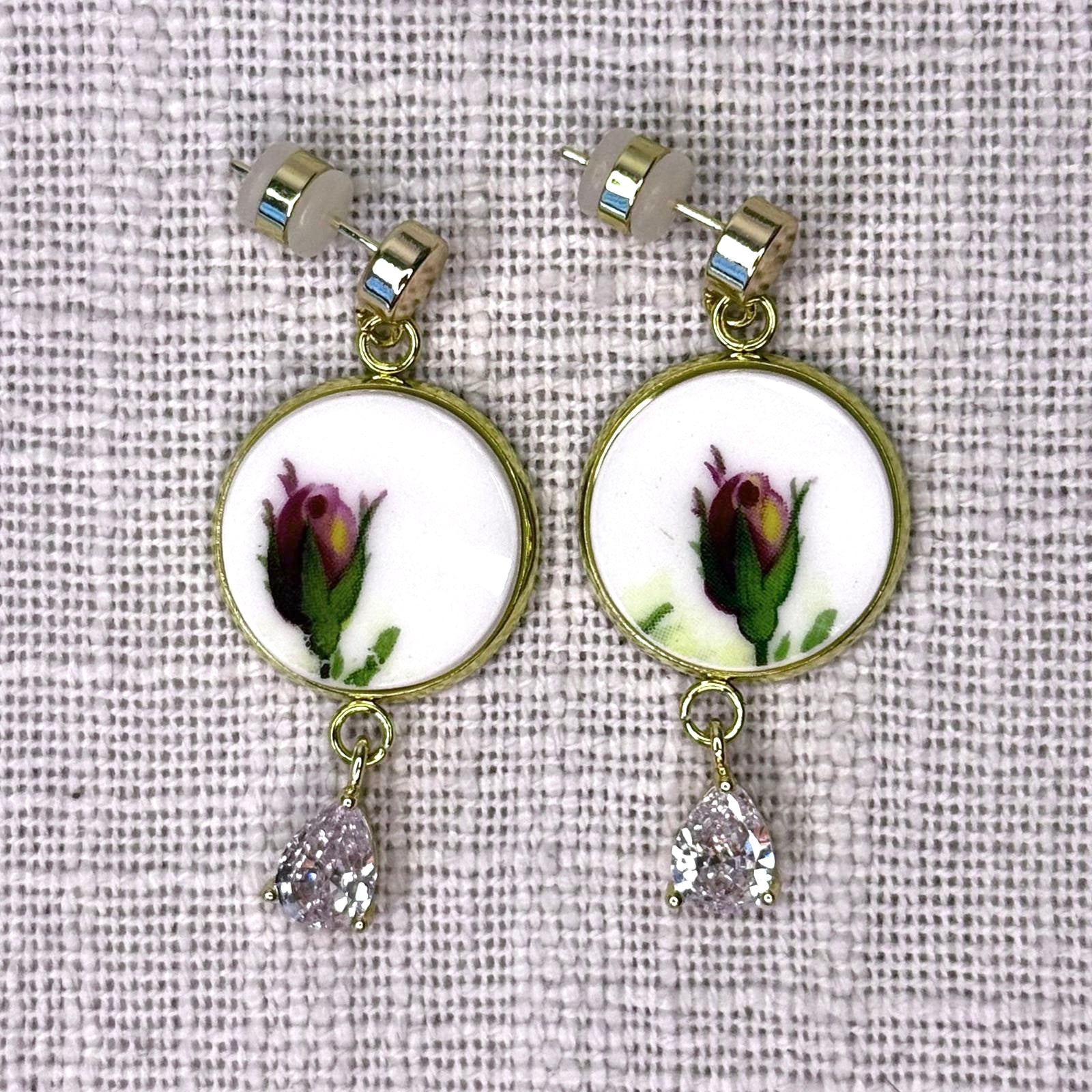 1962 Royal Albert ‘Old Country Roses’ Stud Dangly Earrings YG Clear Tear Drop Charm M