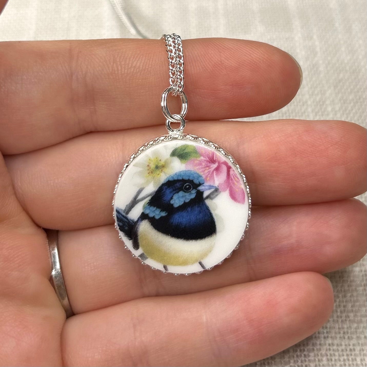 Sterling Silver Blue Fairy Wren Pendant Necklace