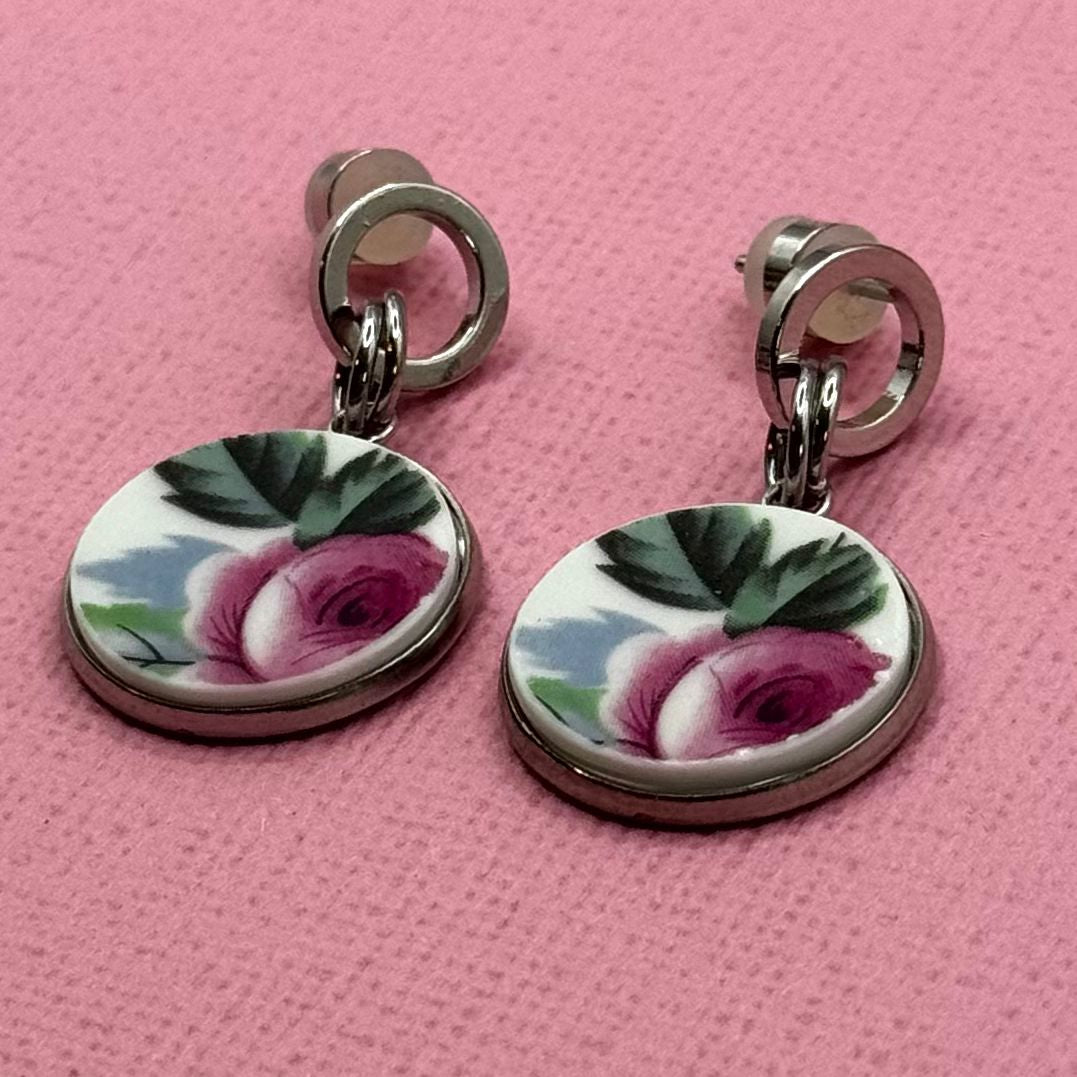 1950s Duchess China Broken Plate Dangly Earrings Silver