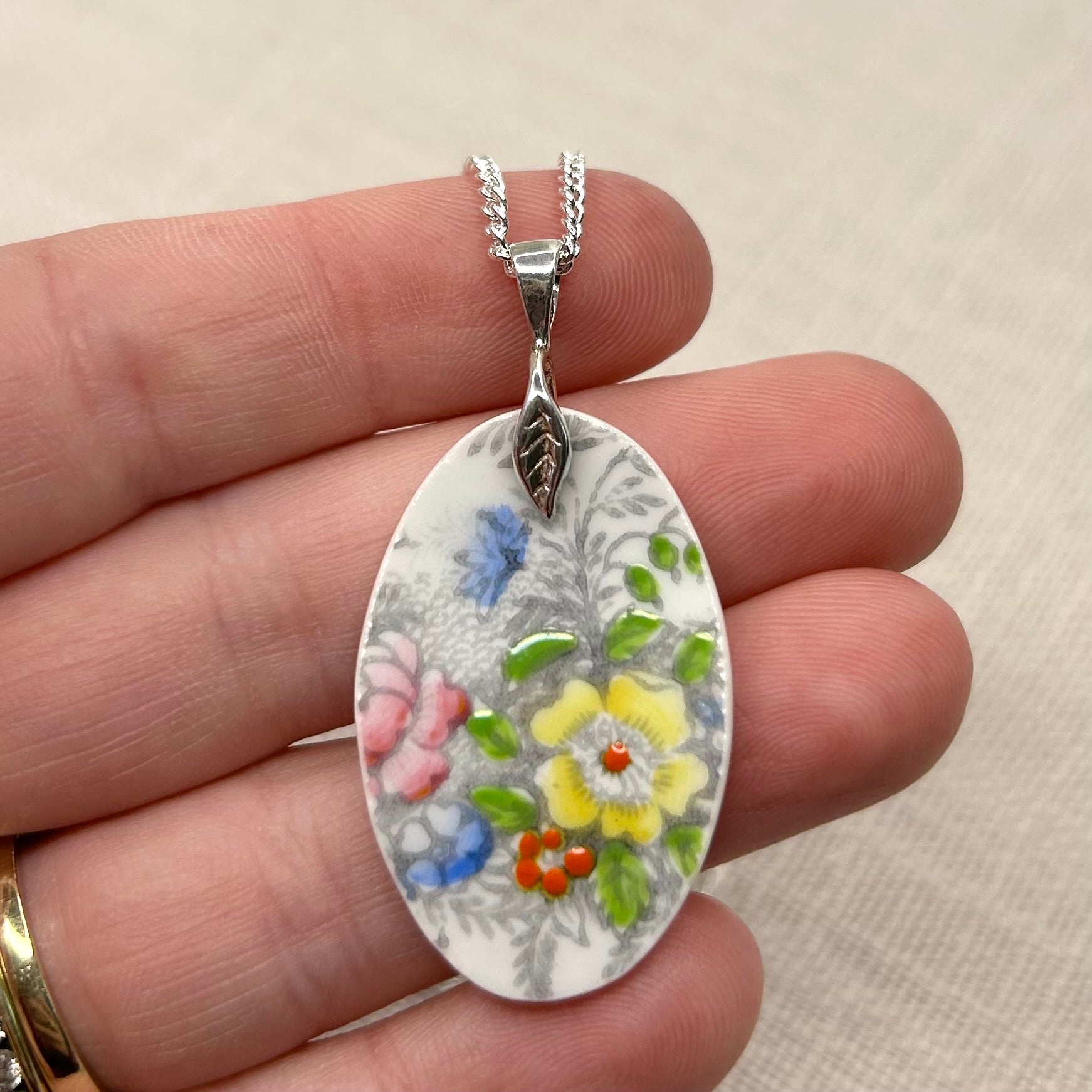 1950’s Aynsley China Oval Pendant Necklace Sterling Silver