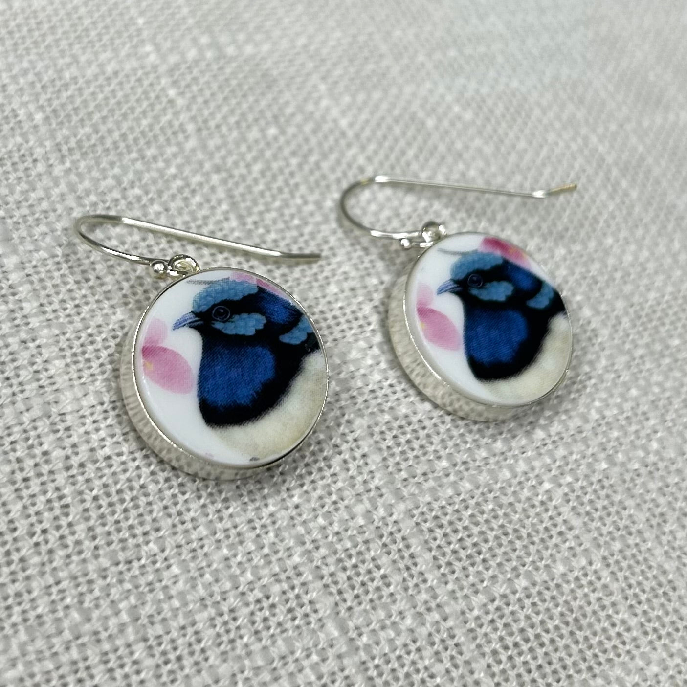 Sterling Silver Blue Fairy Wrens Dangly Earrings M