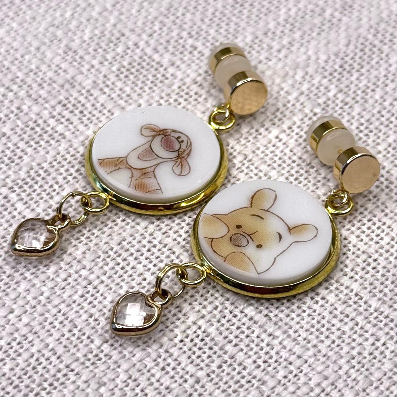 Winnie The Pooh and Tigger Stud Dangly Earrings YG Clear Hearts M