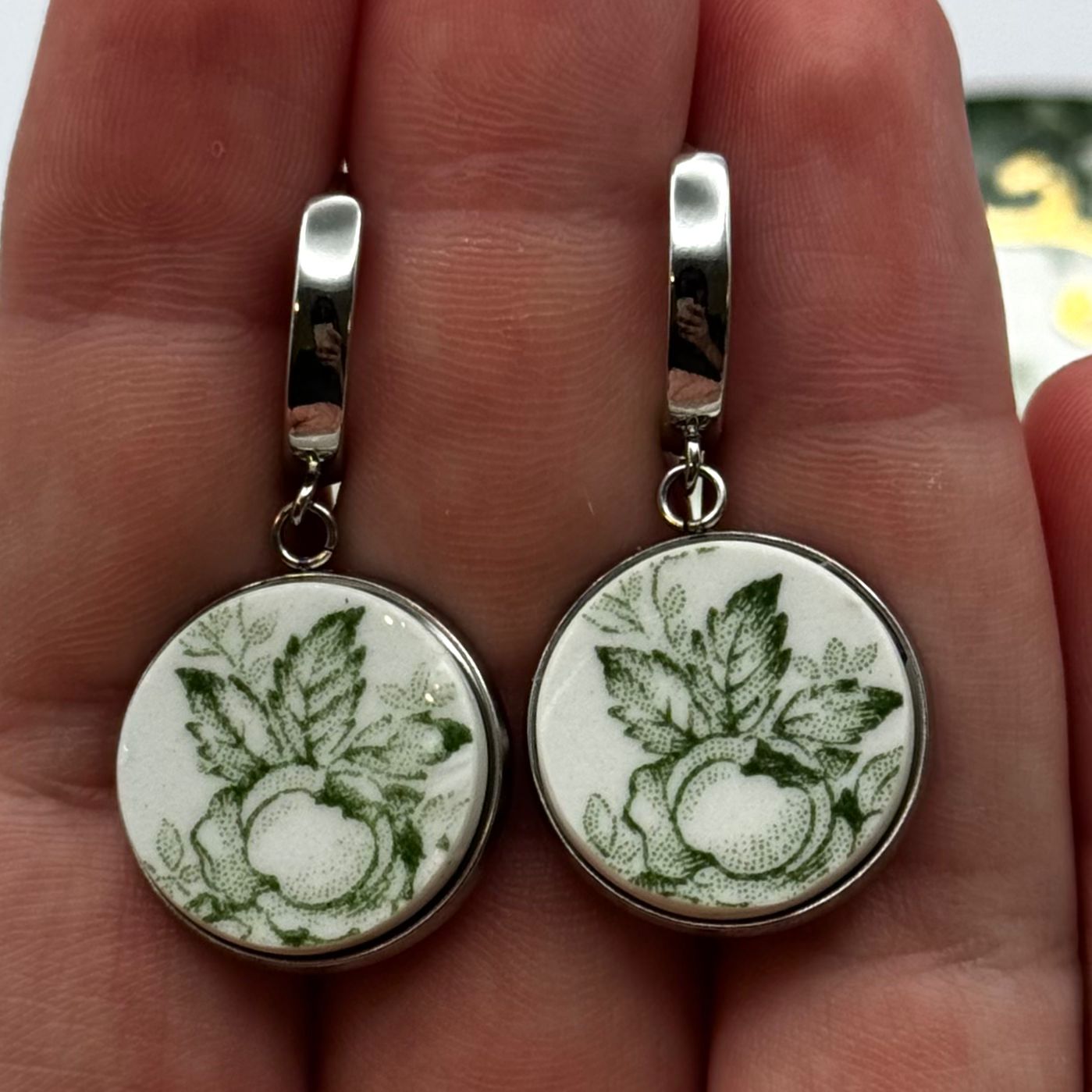 1891-1920 Ridgways Rose Reclaimed China Huggies Earrings Silver