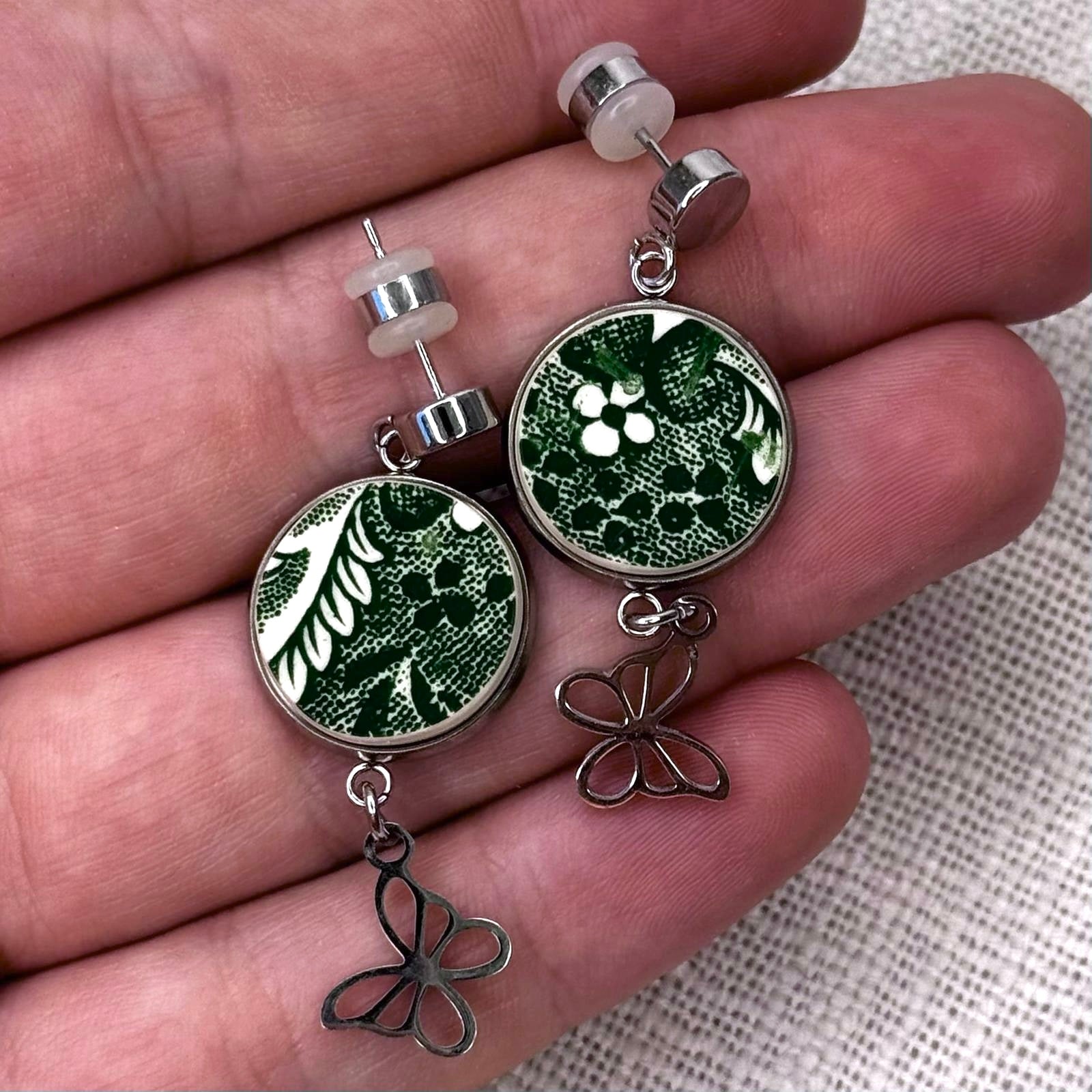 1960’s English Ironstone Stud Dangly Earrings Butterfly Charm S