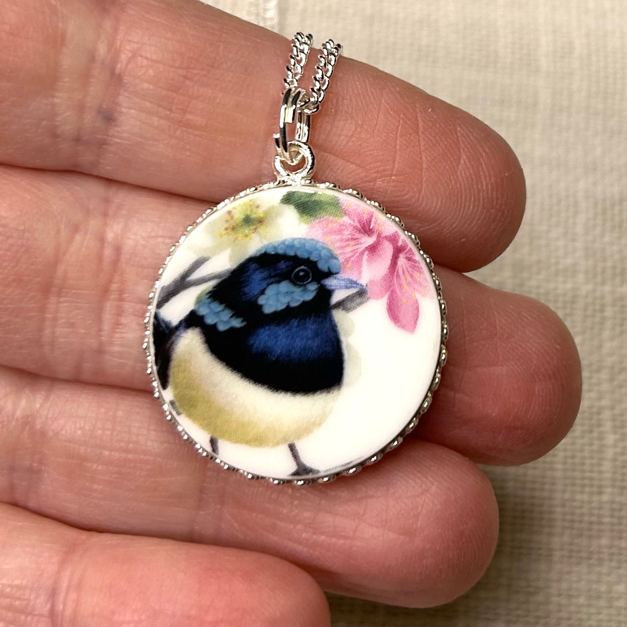 Sterling Silver Blue Fairy Wren Pendant Necklace