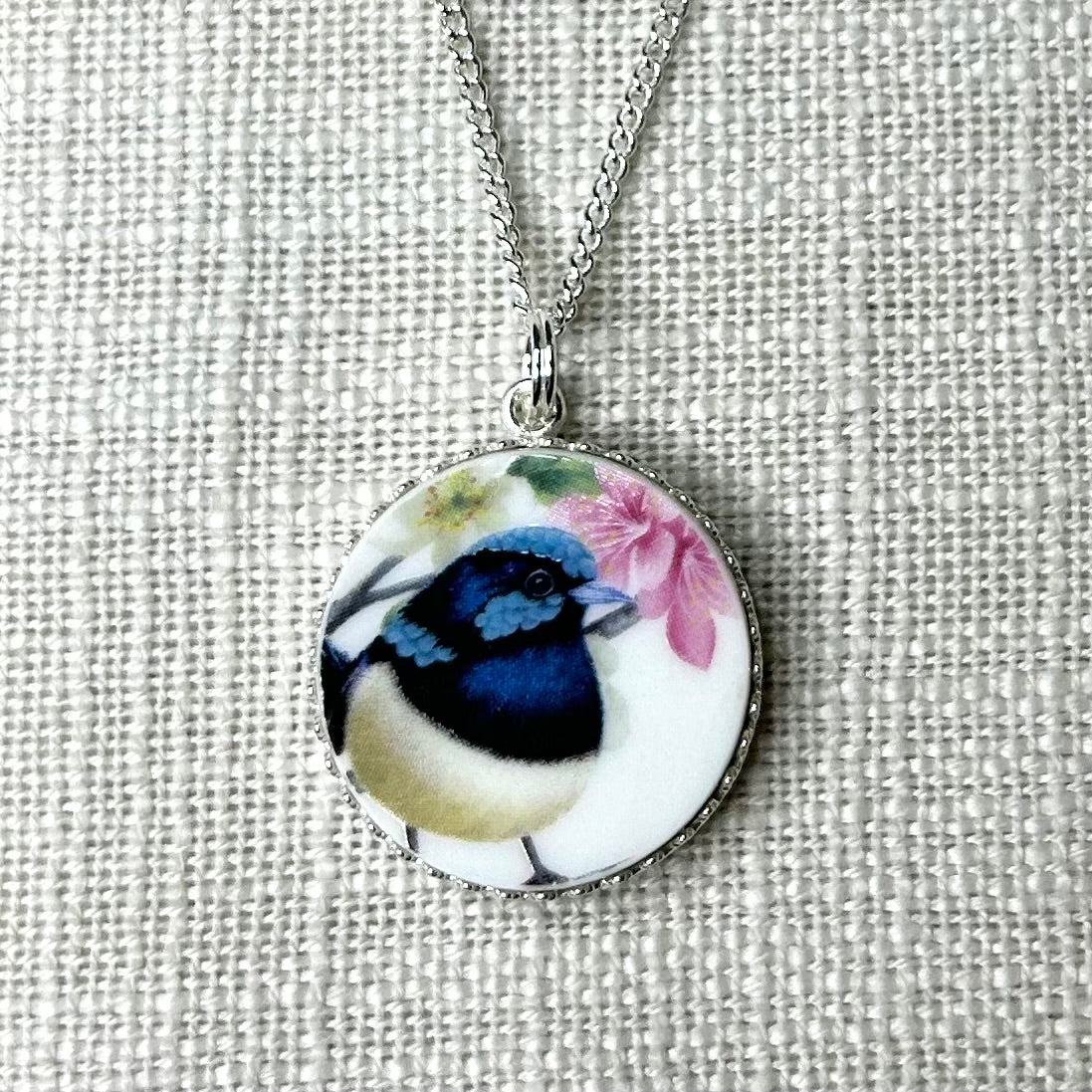 Sterling Silver Blue Fairy Wren Pendant Necklace