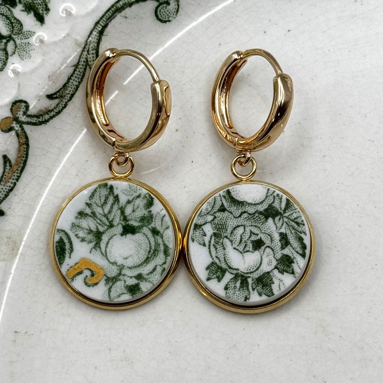 1891-1920 Ridgways Rose Broken Plate Huggies Earrings Yellow Goldtone