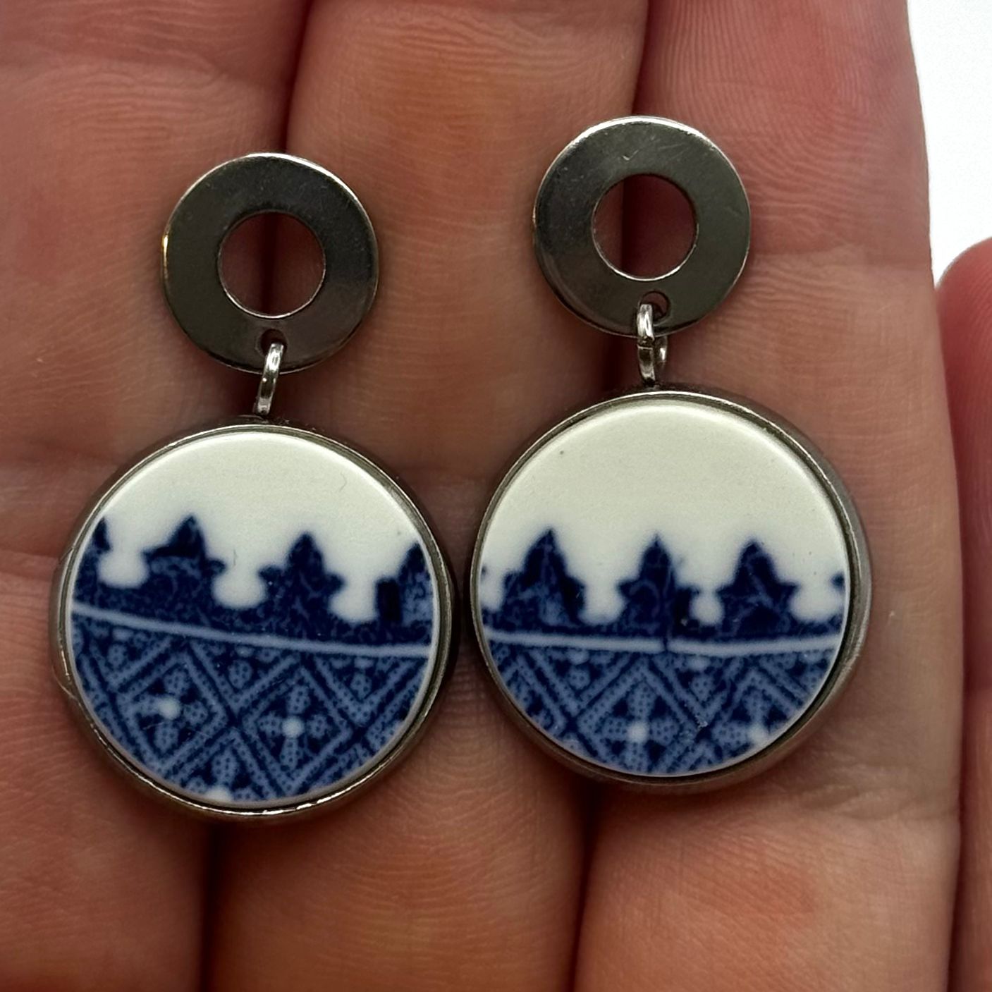 Reclaimed China Wedgwood Broken Plate Stud Earrings Silver