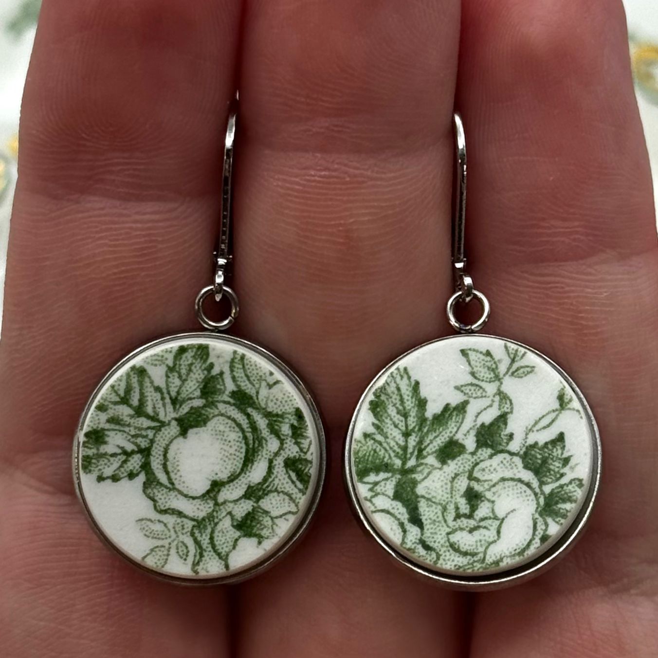 1891-1920 Ridgways Rose Recycled China Leverback Earrings Silver