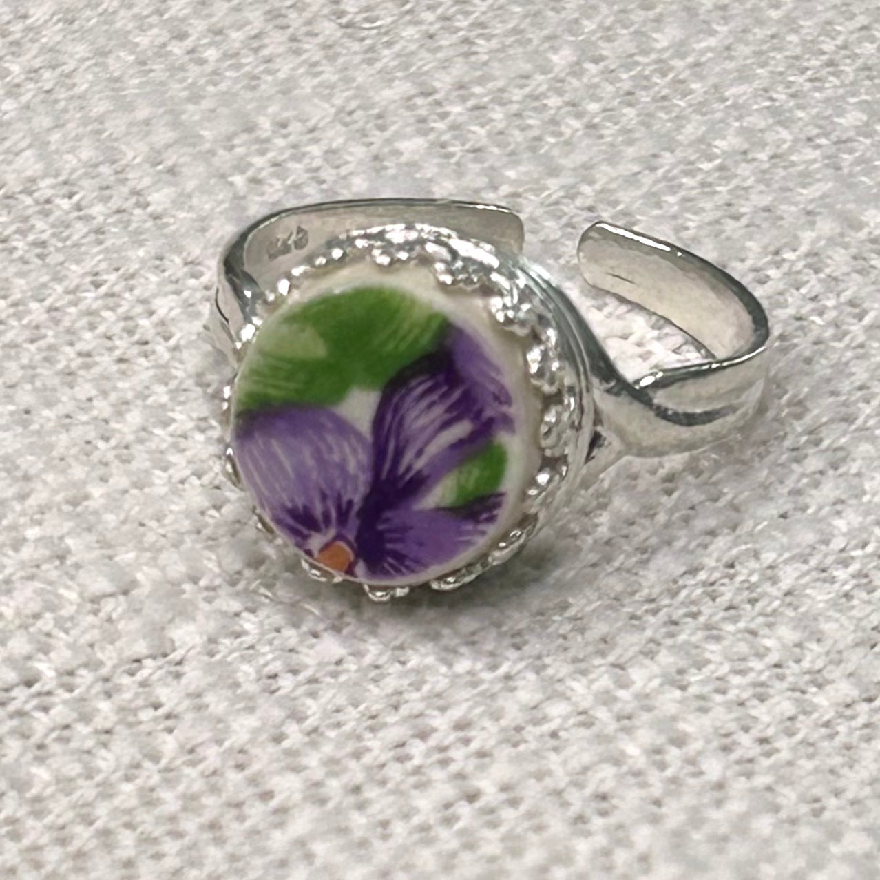 Sterling Silver 1930’s Royal Doulton Violets Adjustable Ring