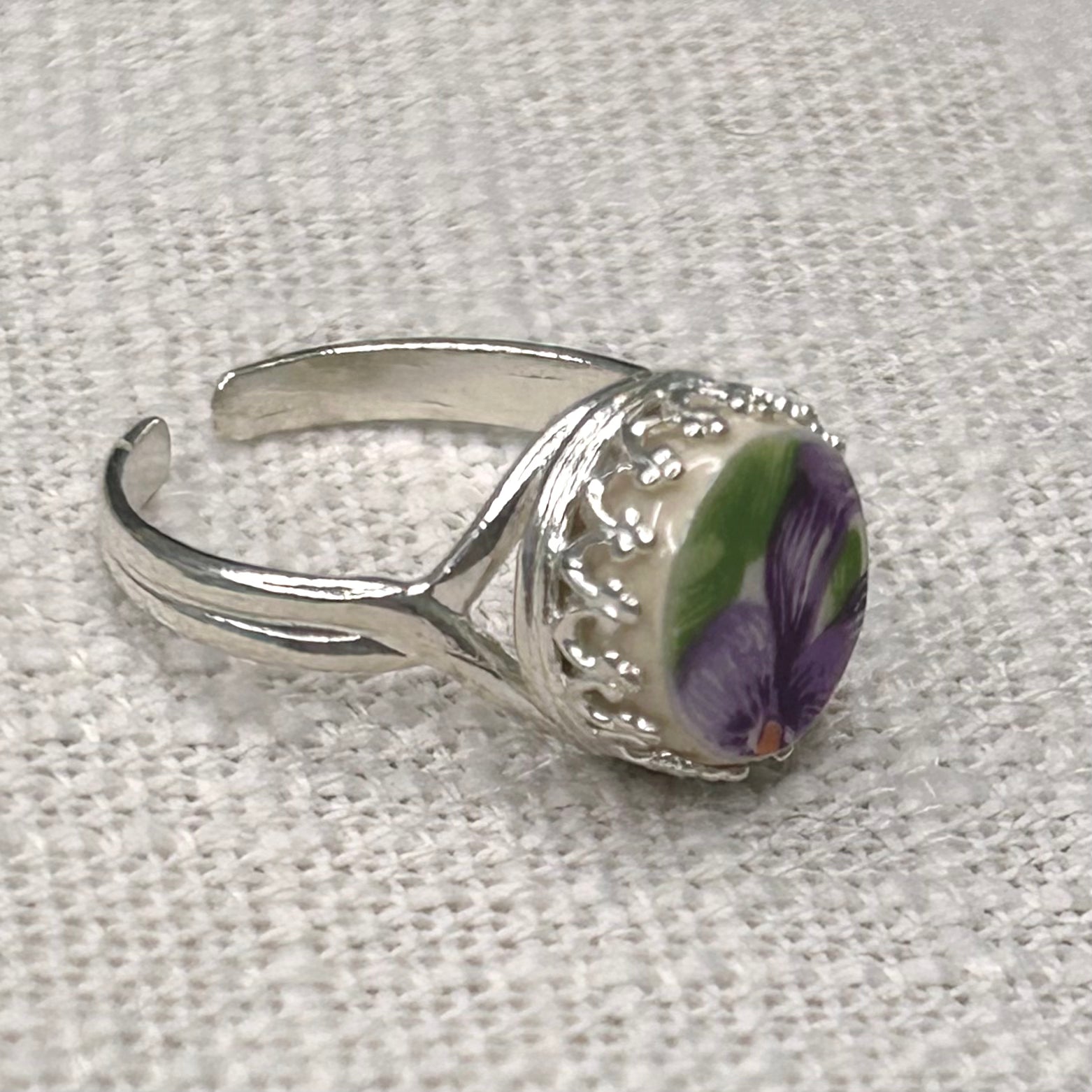 Sterling Silver 1930’s Royal Doulton Violets Adjustable Ring