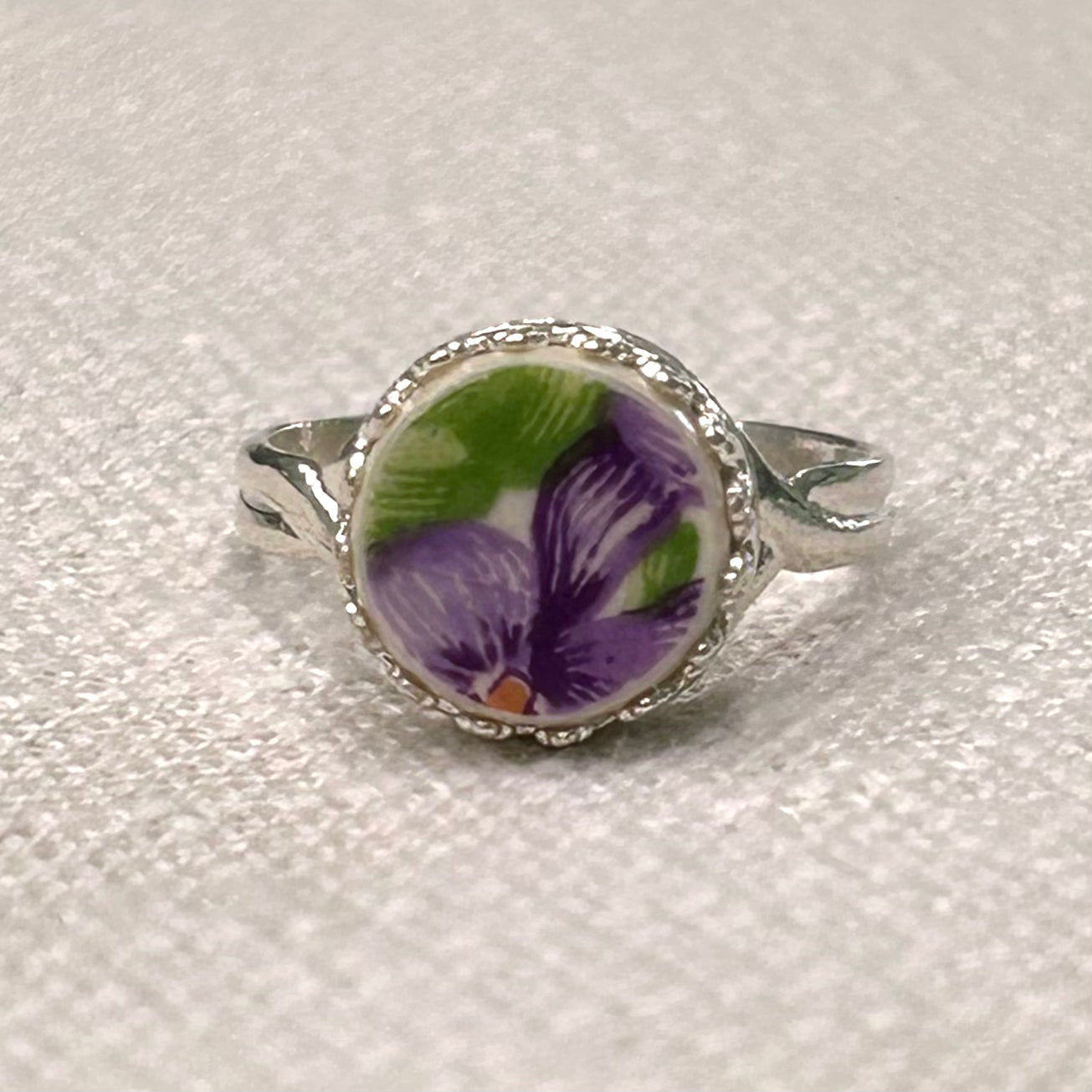 Sterling Silver 1930’s Royal Doulton Violets Adjustable Ring