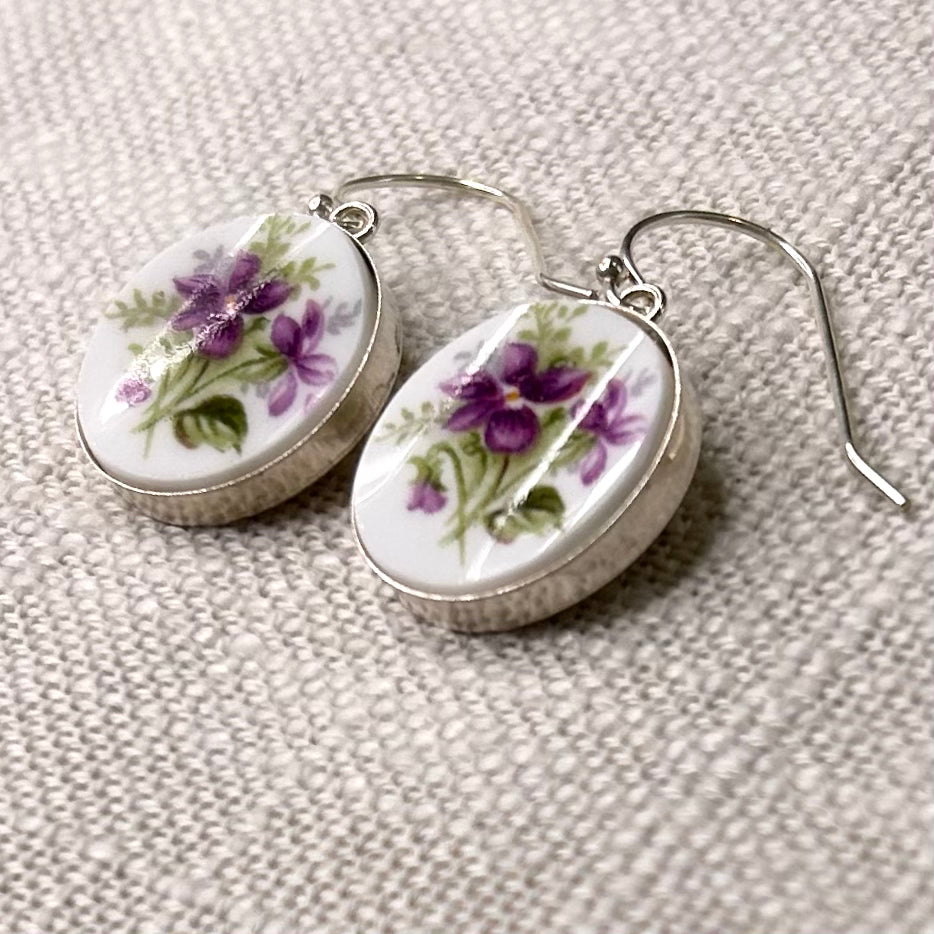 1966 Royal Albert ‘Sweet Violets’ Sterling Silver Dangly Earrings