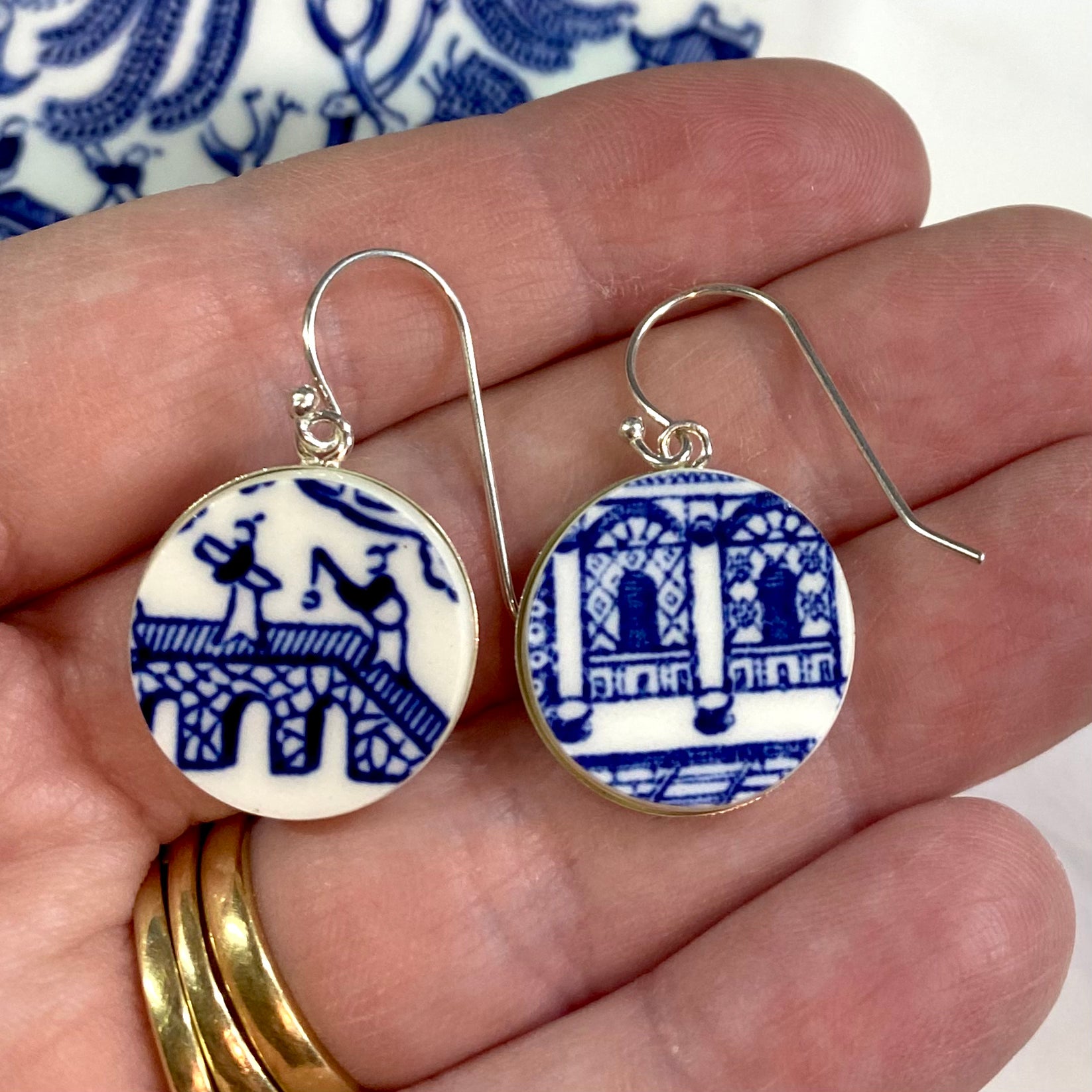 Sterling Silver 1960’s Churchill Blue Willow Dangly Earrings Hooks