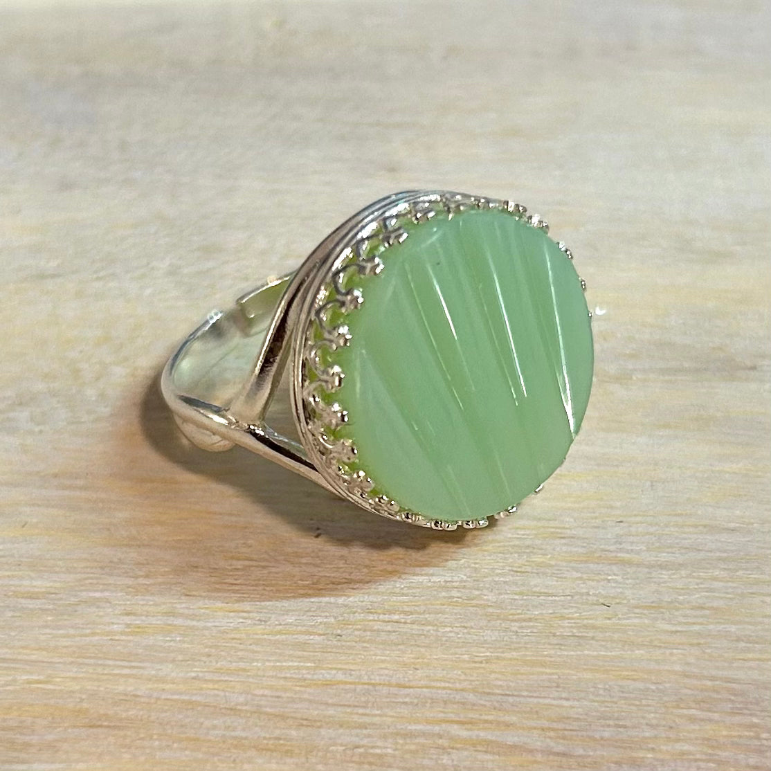 1940’s Fire King ‘Jadeite’ Adjustable Ring Sterling Silver