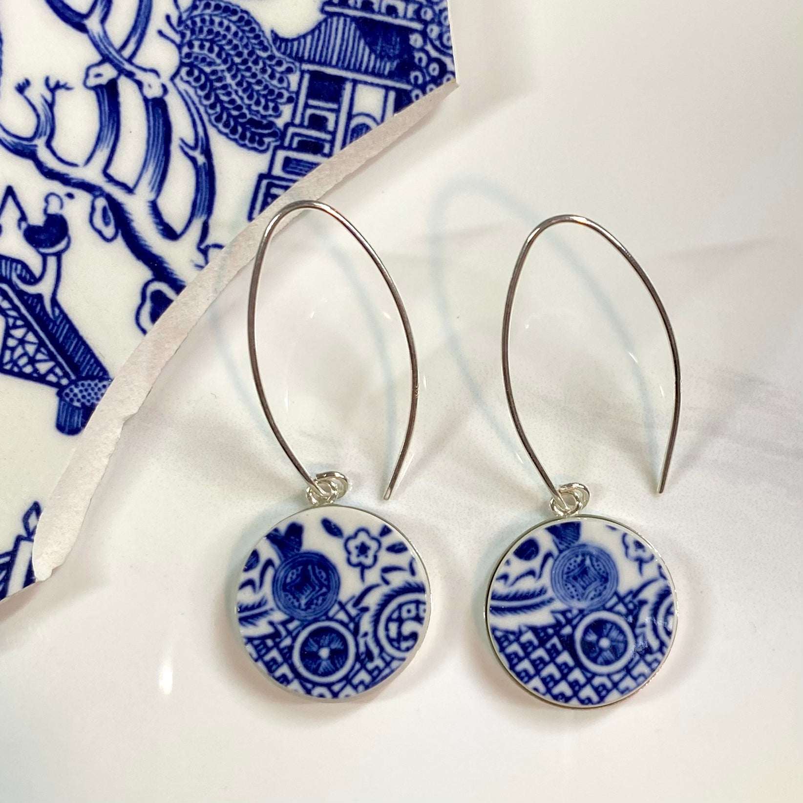 Sterling Silver 1960’s Churchill Blue Willow Dangly Earrings Hooks