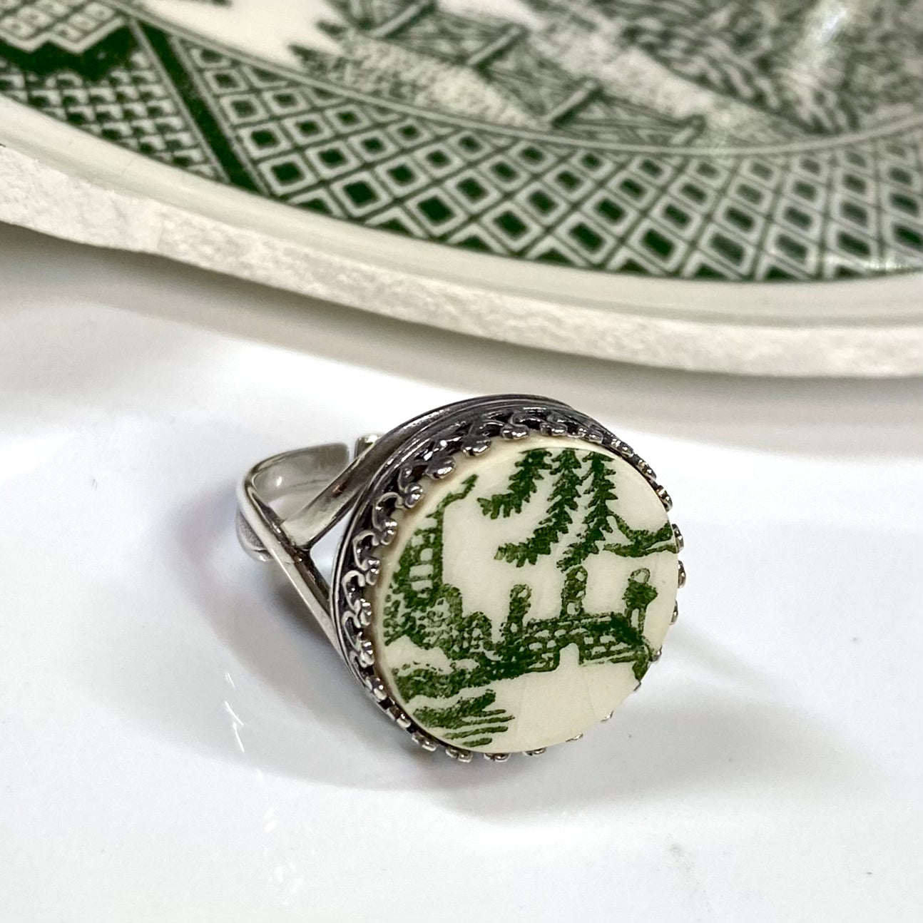 Sterling Silver Green Willow Ware by Royal China Adjustable Ring M