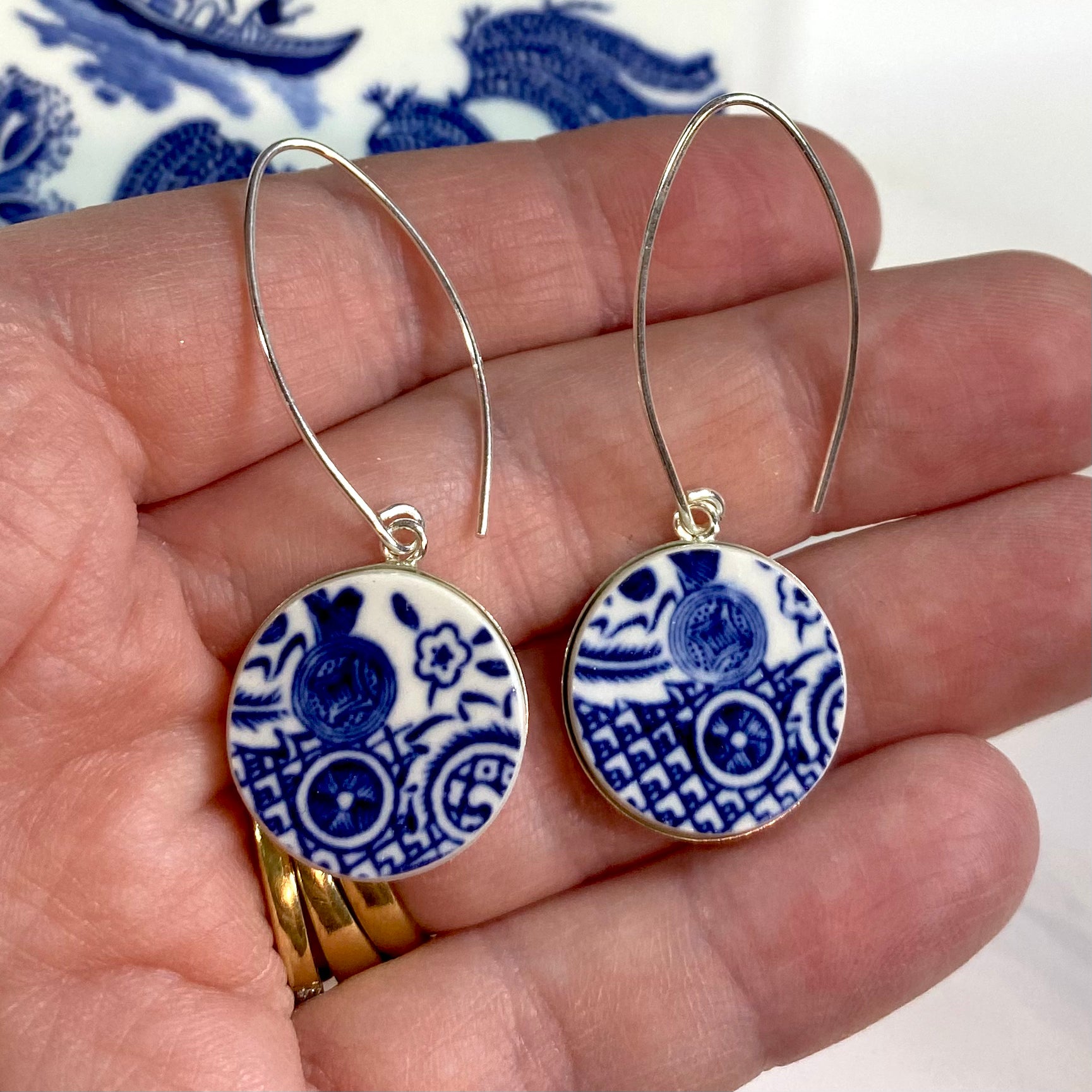 Sterling Silver 1960’s Churchill Blue Willow Dangly Earrings Hooks