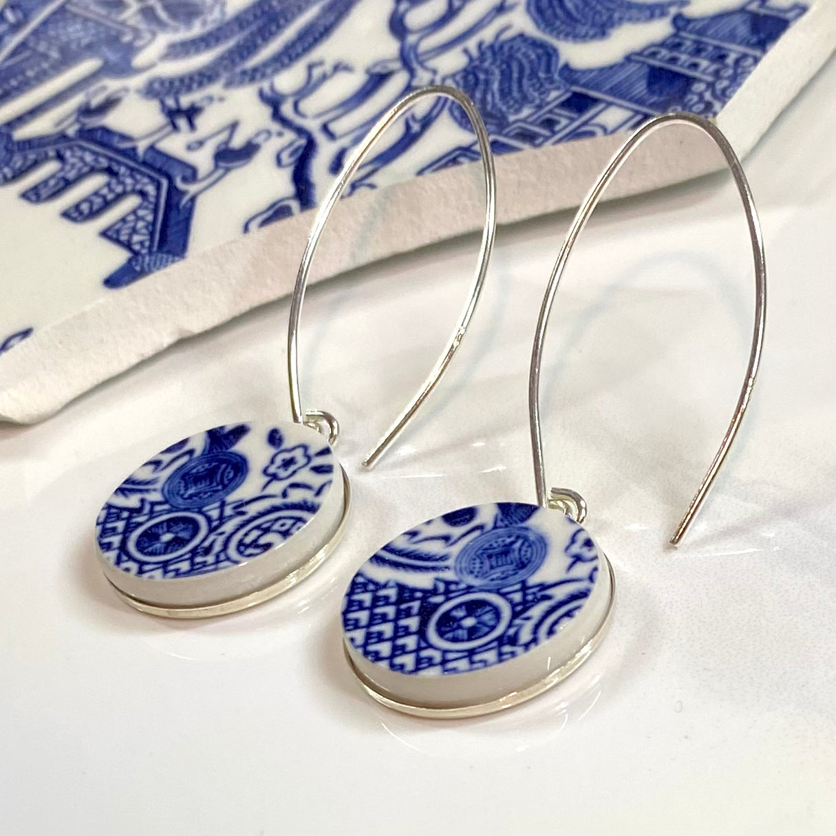 Sterling Silver 1960’s Churchill Blue Willow Dangly Earrings Hooks