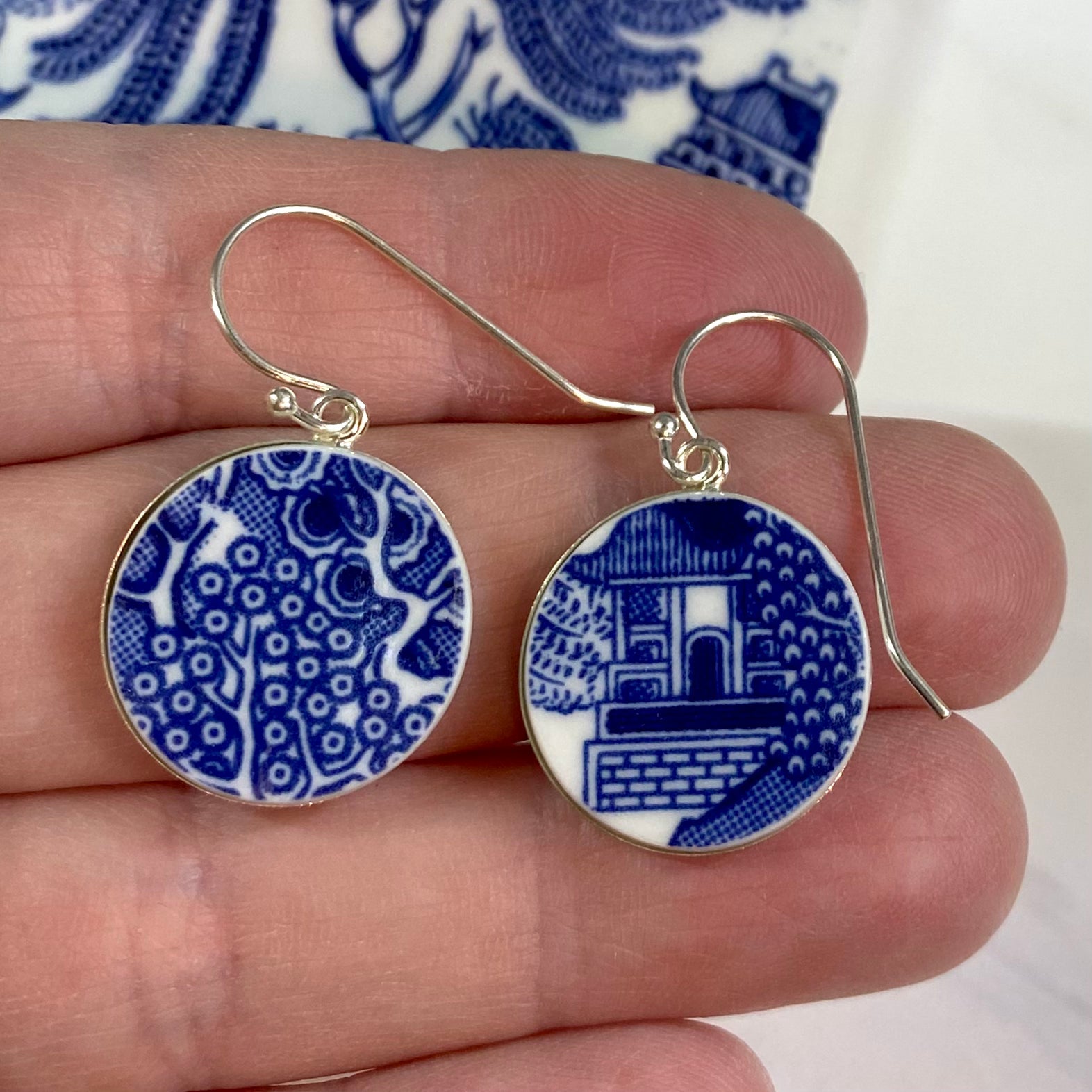 Sterling Silver 1990’s Johnson Bros Blue Willow Dangly Earrings Hooks