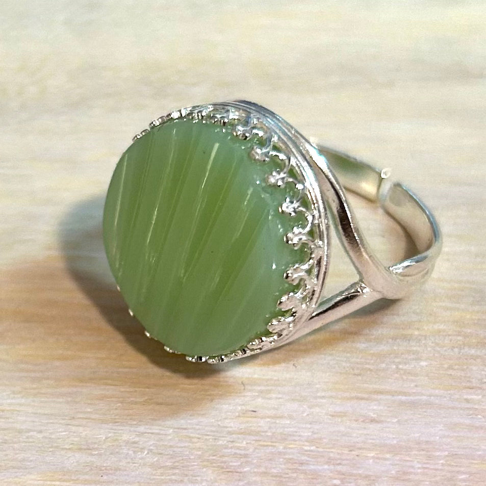 1940’s Fire King ‘Jadeite’ Adjustable Ring Sterling Silver