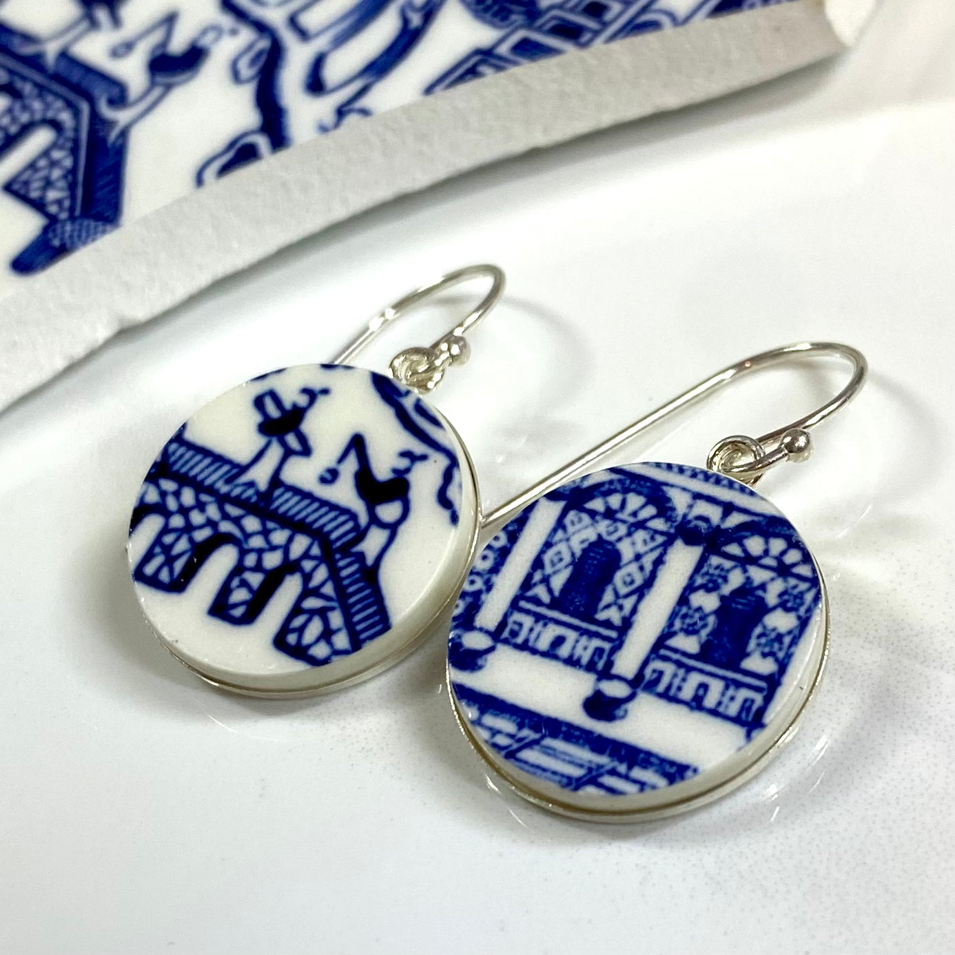 Sterling Silver 1960’s Churchill Blue Willow Dangly Earrings Hooks