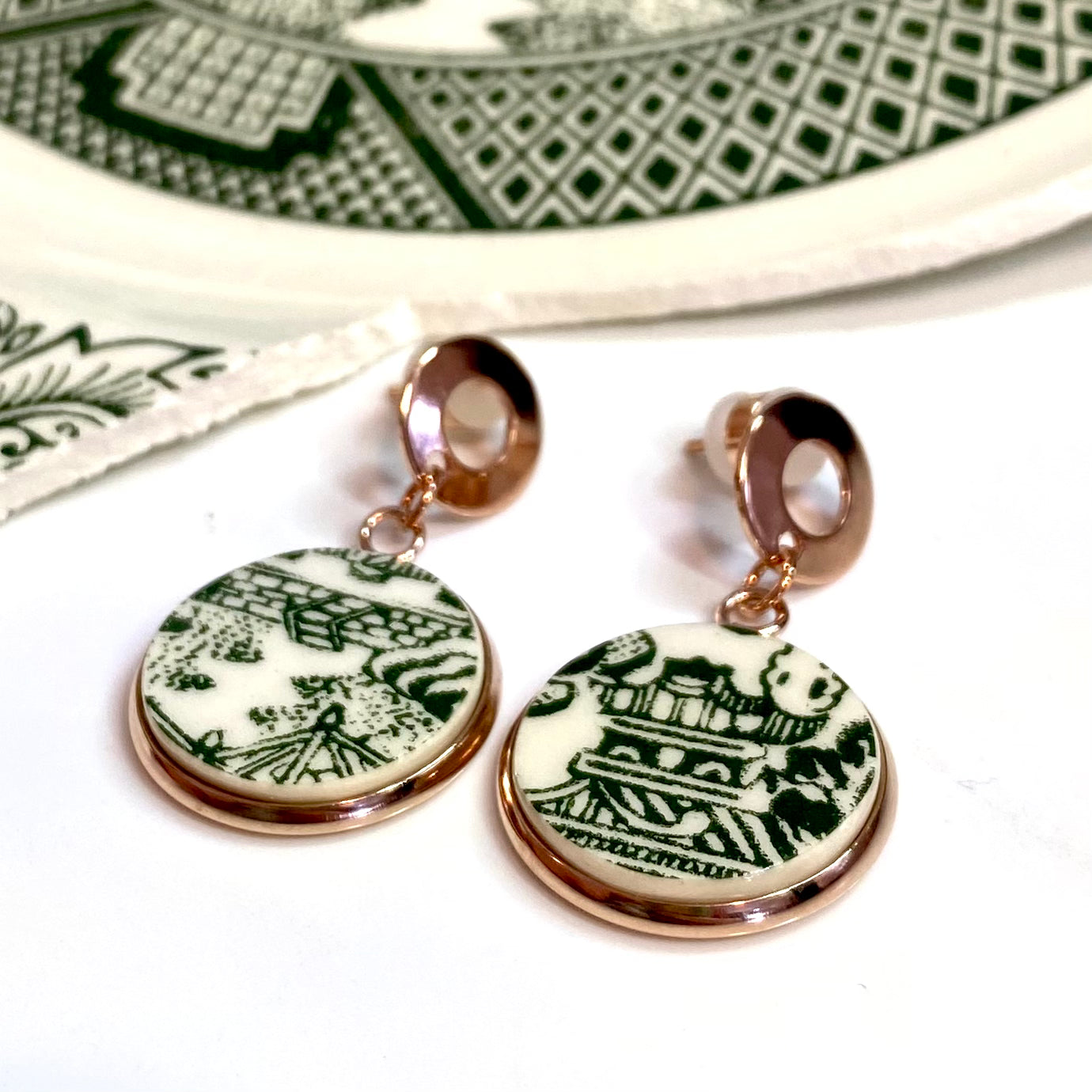 Green Willow Ware by Royal China Stud Dangly Earrings RG