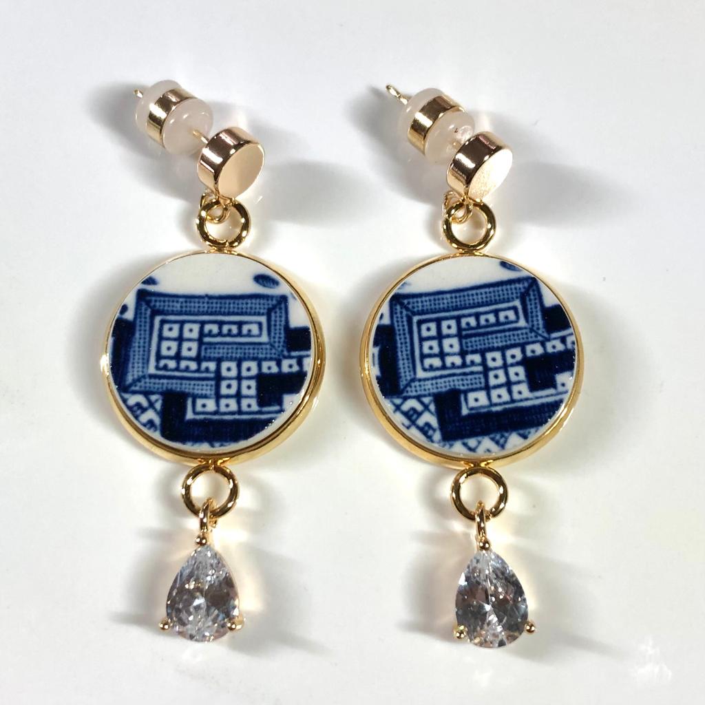 1960’s Churchill Blue Willow Stud Dangly Earrings CZ