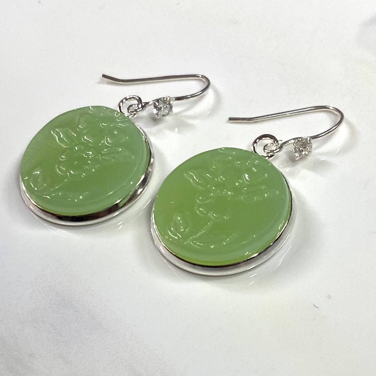 Sterling Silver Hooks 1940’s Fire King ‘Jadeite’ Dangly Earrings CZ