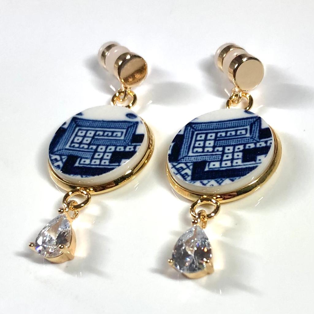 1960’s Churchill Blue Willow Stud Dangly Earrings CZ